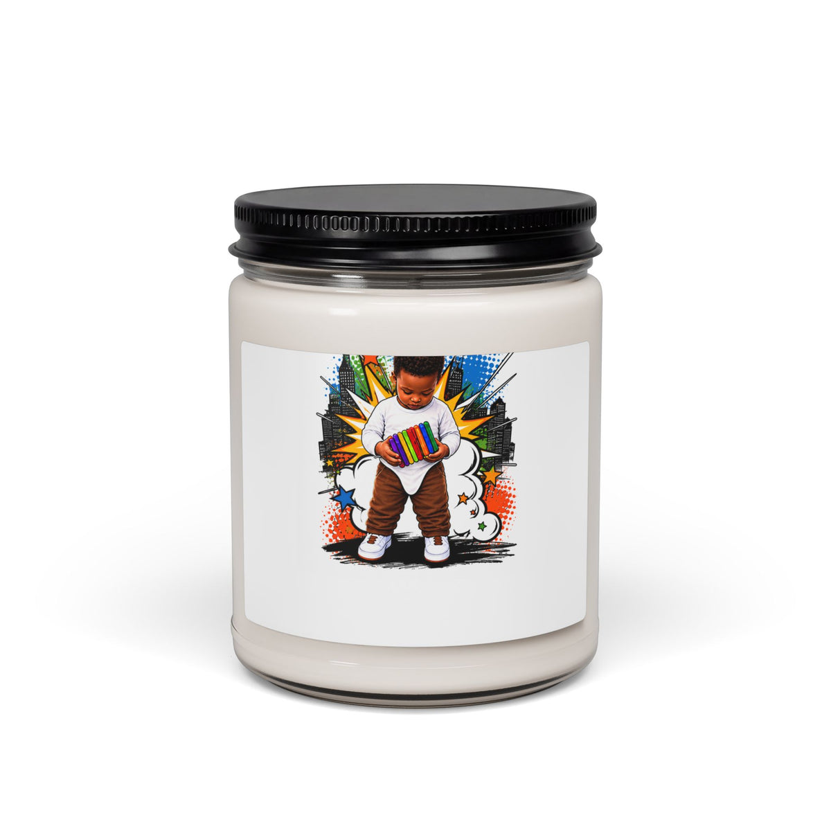9oz Scented Soy Candle — Colorful Kid Comic Artwork (Natural Cotton Wick)