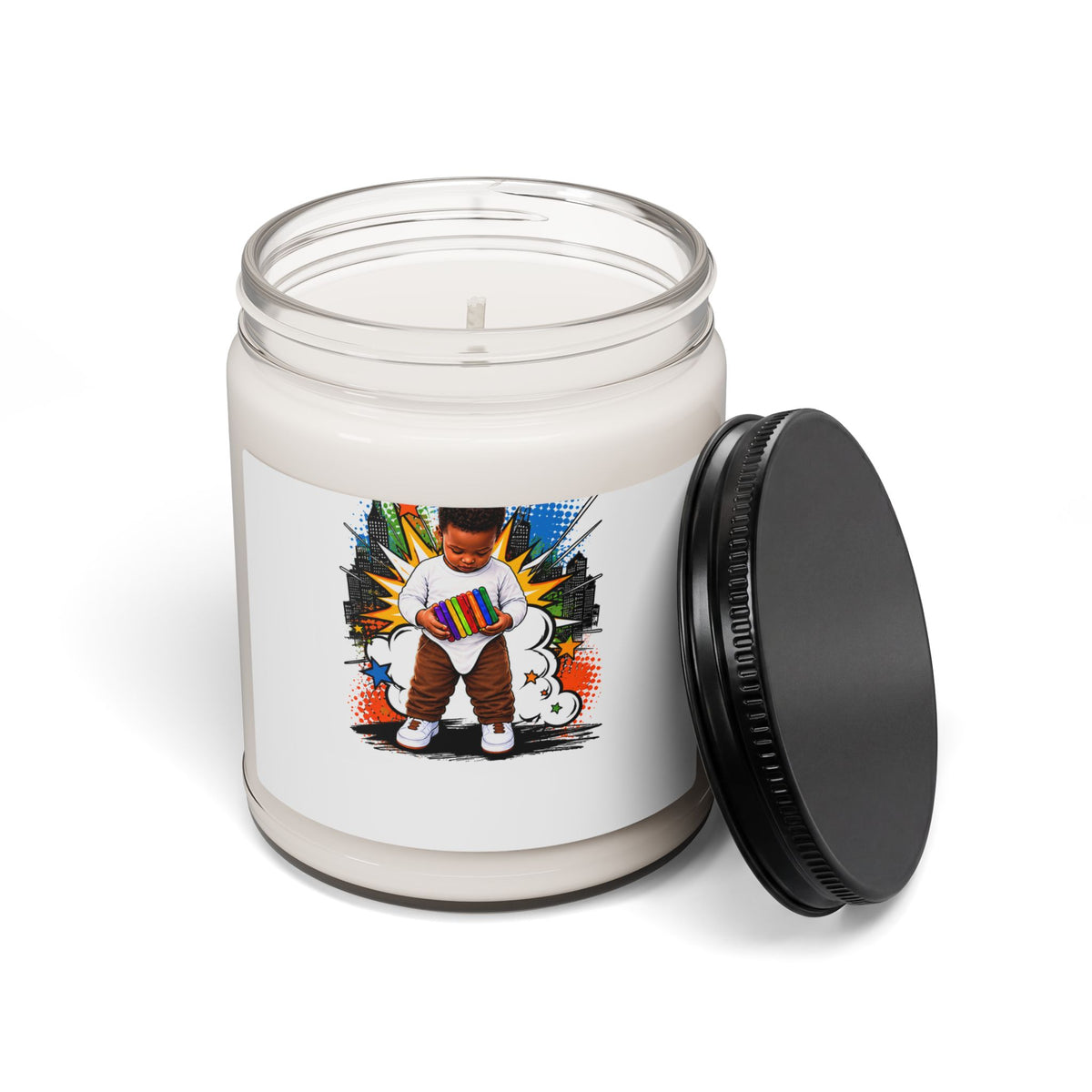 9oz Scented Soy Candle — Colorful Kid Comic Artwork (Natural Cotton Wick)