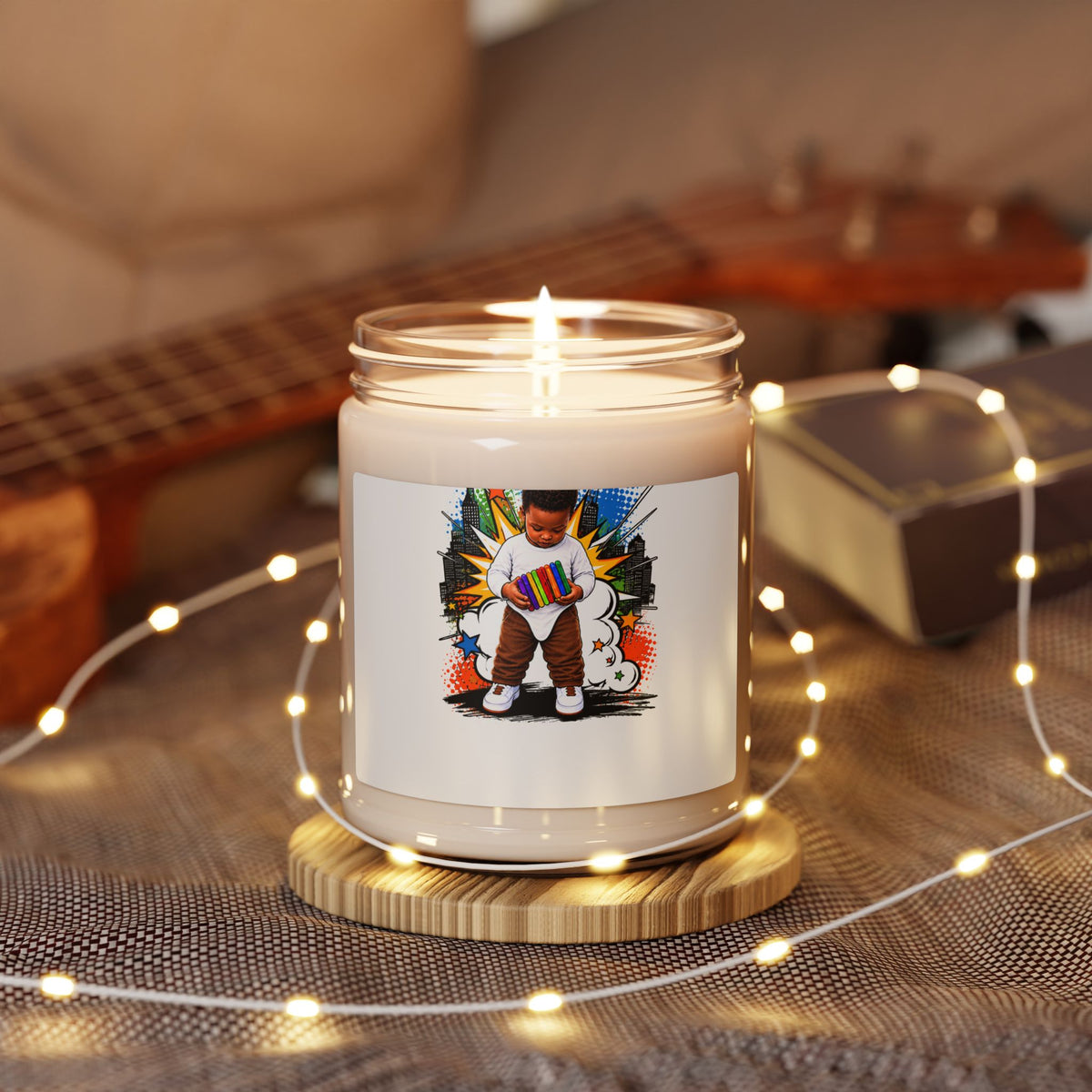 9oz Scented Soy Candle — Colorful Kid Comic Artwork (Natural Cotton Wick)